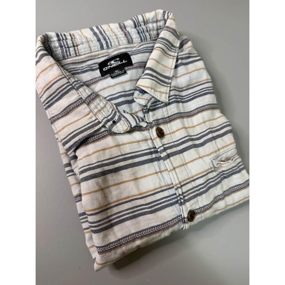 O'Neill Mens XL Standard Fit Striped Short Sleeve Button Up Cotton Shirt Blue